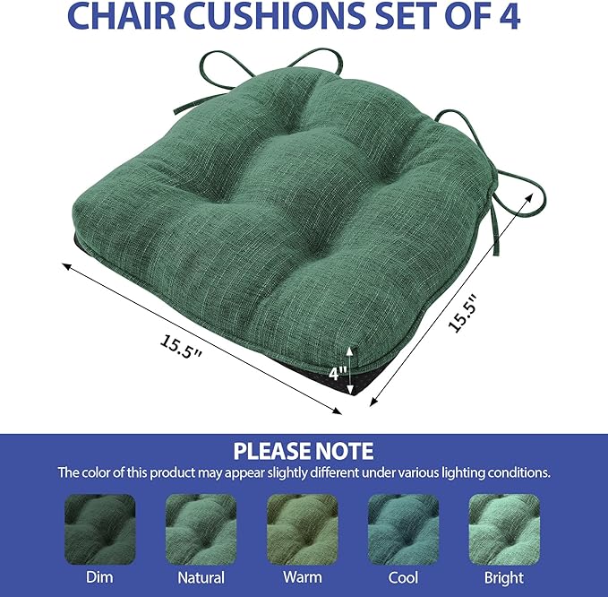 IPYNBAP Chair Cushions for Dining Chairs Set of 4, Kitchen Chair Cushions, Chair Pads with Ties Non Slip Backing, Christmas Room Decor, Tufted Memory Foam Seat Cushion 4 Pack, 15.5x15.5x4, Dark Green