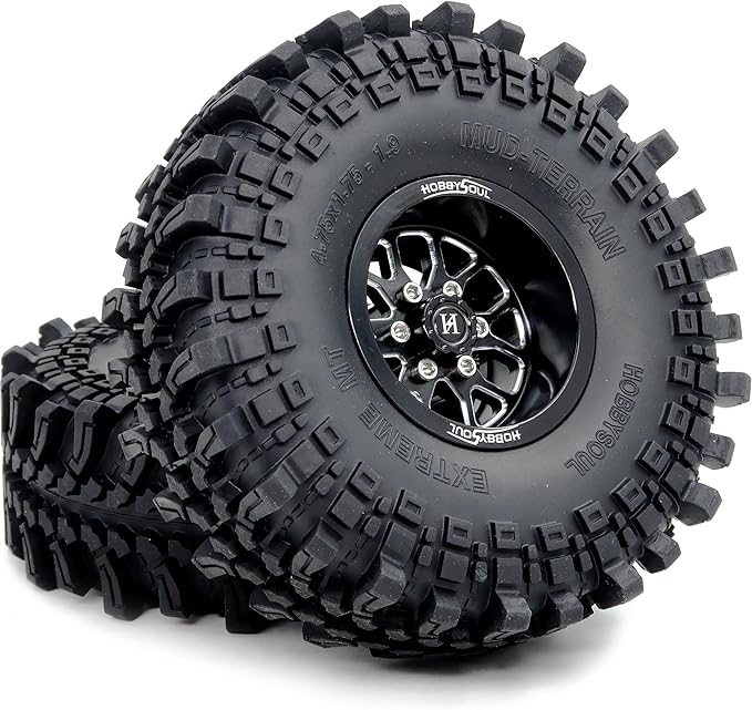 HOBBYSOUL 4pcs -10.5mm Negative Offset 1.9 Beadlock Wheels and Tires, 121mm Tall 1.9'' tyre and Rims for 1/10 RC Mud Crawler SCX10 TRX4 Gen8 Upgrades