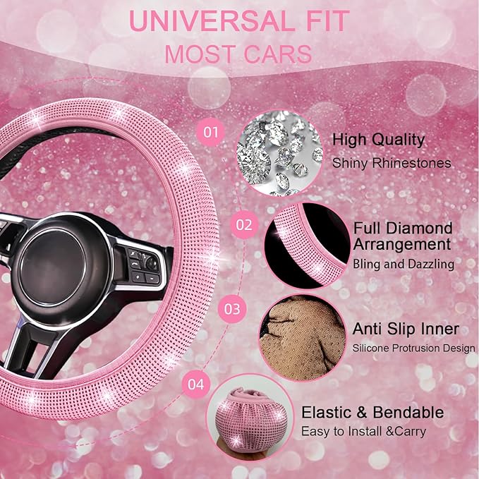 NBTEPEM 8 pcs Pink Bling Car Accessories Set for Women, Steering Wheel Cover, Sparkly Seat Belt Covers, Bling Gear Shift Cover, Universal Fit Most Cars (All Pink Diamond)