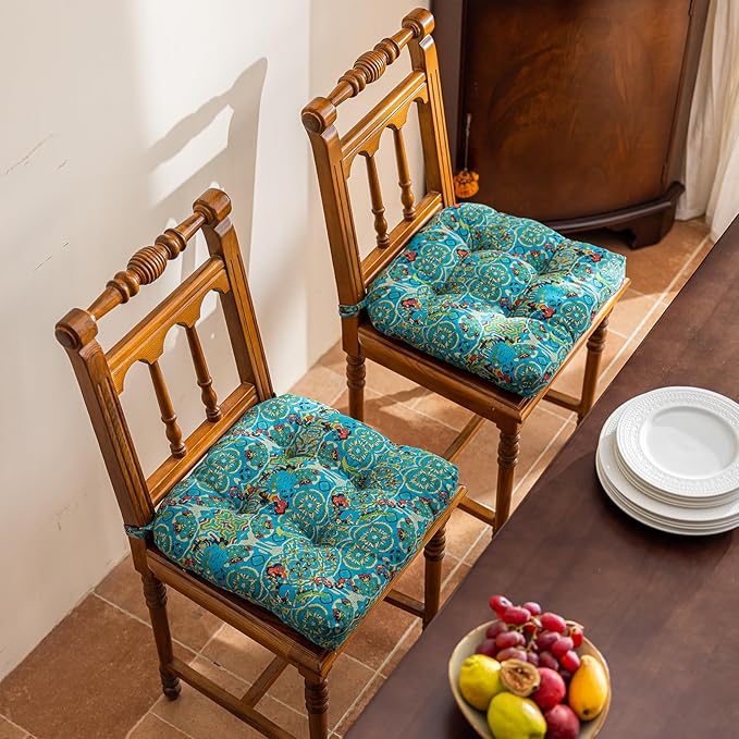 vctops Boho Geometric Chair Cushions with Ties U-Shaped Soft Cozy Cotton Linen Chair Pads Non Slip Seat Cushions for Indoor Dining Room and Kitchen Chairs (Turquoise,18"x18")