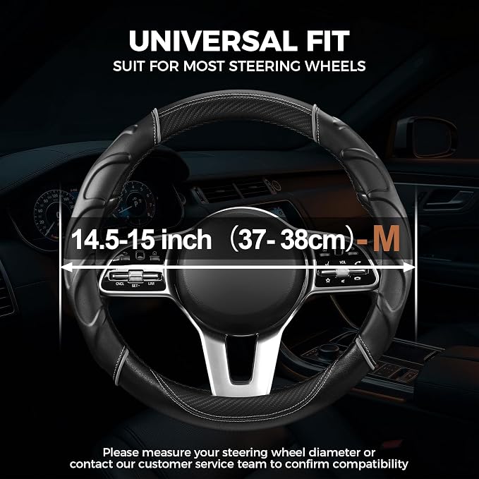 West Llama Carbon Fiber Leather Steering Wheel Cover with Anti-Slip Grip, 3D Textured Design, 14.5-15 Inch Car Steering Wheel Cover, Durable Interior Accessory (Standard Size-Black+Gray)