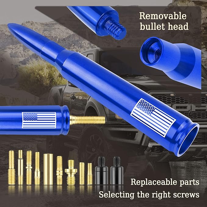 Car Bullet Antenna,Truck Exterior Decoration Accessories Car Vehicle Replacement Antenna Conpatible with Ford F150 RAM 1500 GMC Heavy Duty Pickup Trucks Accessories (New Upgrade Blue-U.S. Flag)