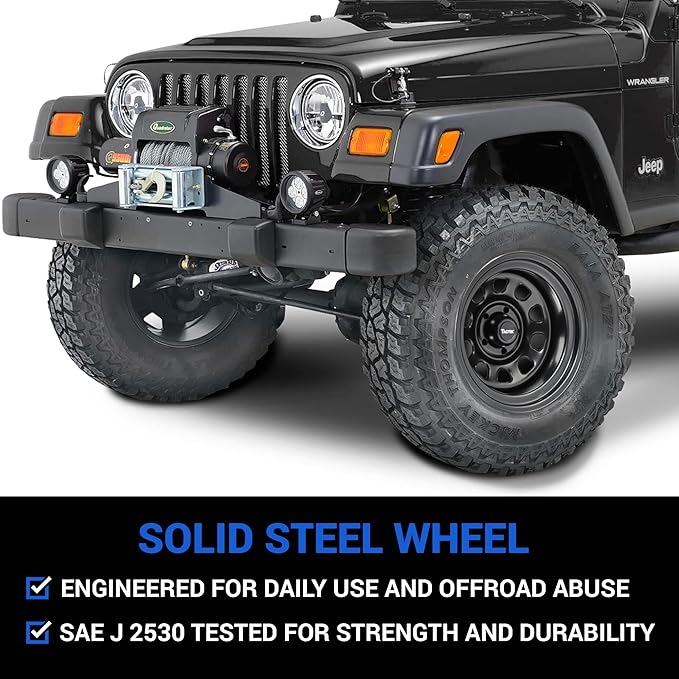 TACTIK D Window 15 Inch 15x8 Wheel - 5x4.5 / 5x114.3 Bolt Pattern (-12.7mm Offset), 4 Inch Backspace - Satin Black Powder Coat Finish - Fits Jeep Wrangler YJ TJ 1987-2006 - Center Cap Included
