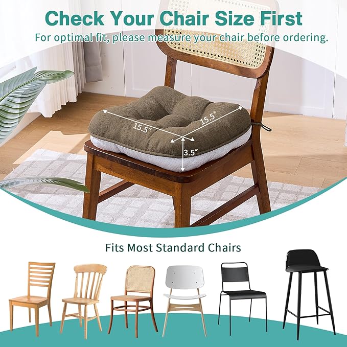 BETU Chair Cushions for Dining Chairs Set of 6,3.5" Thick Kitchen Table Chair Pads with Ties,Non Slip Backing and Covers, Seat Cushion for Dining Room,Bar,Patio Chairs,15.5"X15.5"X3.5",Brown