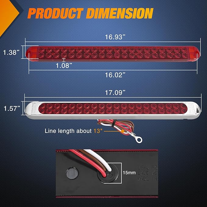 Nilight LED Tail Light 2PCS 17 Inch 40LED Red Running Tail Stop Brake Lights w/Chrome Bezel Waterproof Surface Mount for 12V Towing Trailer Truck RV Camper Boat