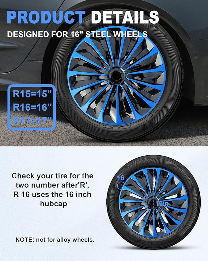 ABX Hubcaps,16 inch hubcaps Set of 4, Wheel Rim Cover ABS Material, Snap On Car Truck SUV Replacement, for Toyota Camry Nissan Mazda etc, Black&Blue