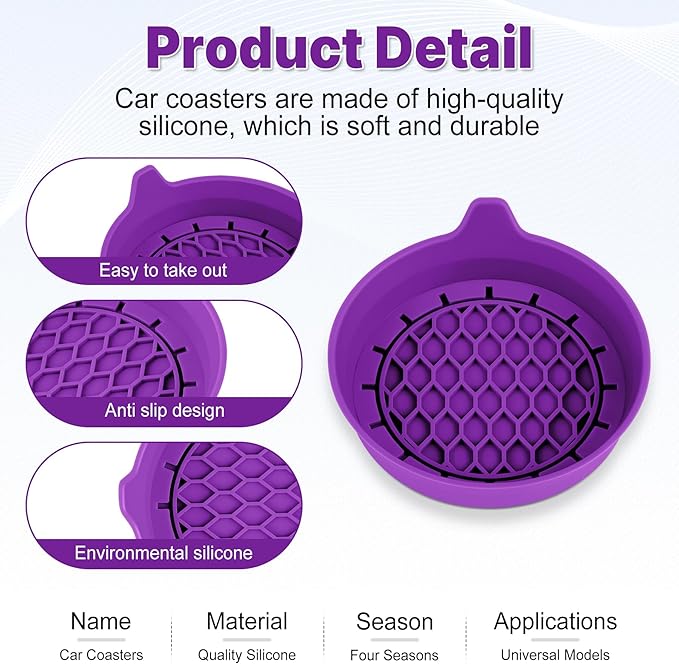 SINGARO Car Cup Holder Coaster, Silicone Cup Holder Insert, Universal Non-Slip Cup Holders, Car Accessories Interior for Women and Man 4 Pack Purple