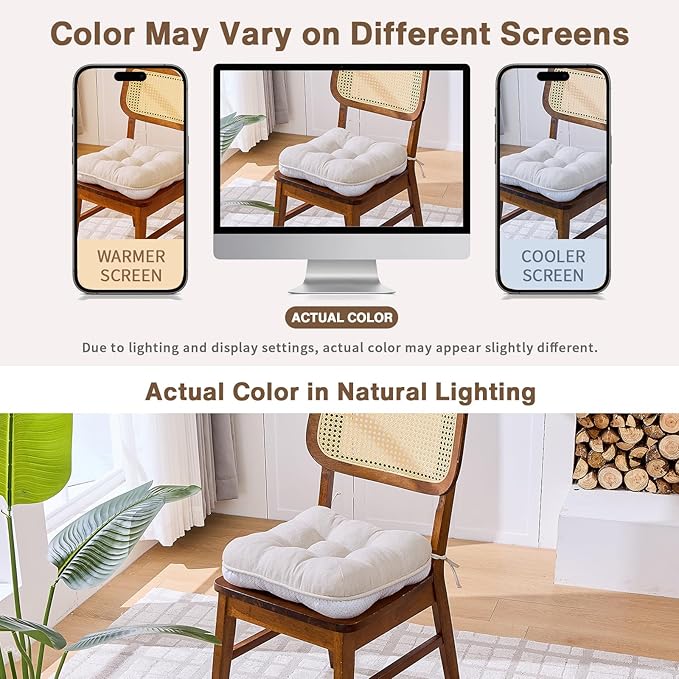 BETU Chair Cushions for Dining Chairs Set of 6,3.5" Thick Kitchen Table Chair Pads with Ties,Non Slip Backing and Covers, Seat Cushion for Dining Room,Bar,Patio Chairs,15.5"X15.5"X3.5",Beige