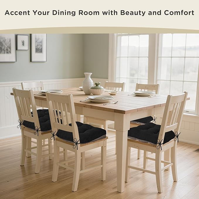AddGrace Chair Cushions for Dining Chairs Set of 1 Kitchen Seat Cushions with Ties and Non Slip Backing Tufted Indoor Seat Pad for Kitchen Dining Room 18" x 17" x 3" Black