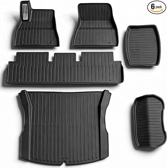 6Pcs Floor Mats for Tesla Model 3 Highland 2024-2026 All Trims, Injection Molded Virgin TPE with Aluminum Dead Pedal — All-Weather Cargo Liners with Frunk/Trunk Lower Storage