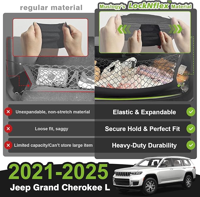 Muslogy Truck Bed Cargo Net Trunk Netting Compatible with 2021-2025 2026 Jeep Grand Cherokee L (3-Row GCL) Accessories, Pickup Cargo Organizer SUV Sedan Storage Net w/Heavy Duty Carabiners