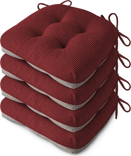 Indoor Kitchen Chair Cushions Set of 4 18"X16.5"X3" Soft Anti Slip Dining Chair Pads Tufted Kitchen Seat Cushion with Ties, Red