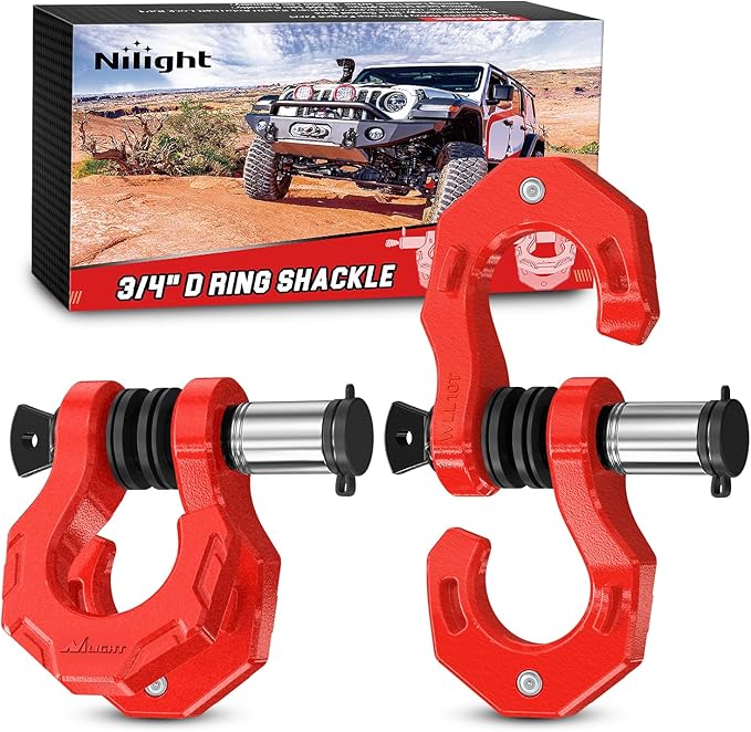 Nilight 2 Pack 3/4" D-Ring Separate Shackle with 7/8" Lock Pin 45,000 lbs Break Strength, Off Road Recovery Shackle with Isolators Washers for Use with Tow Strap, Winch, Truck Vehicle (Red)