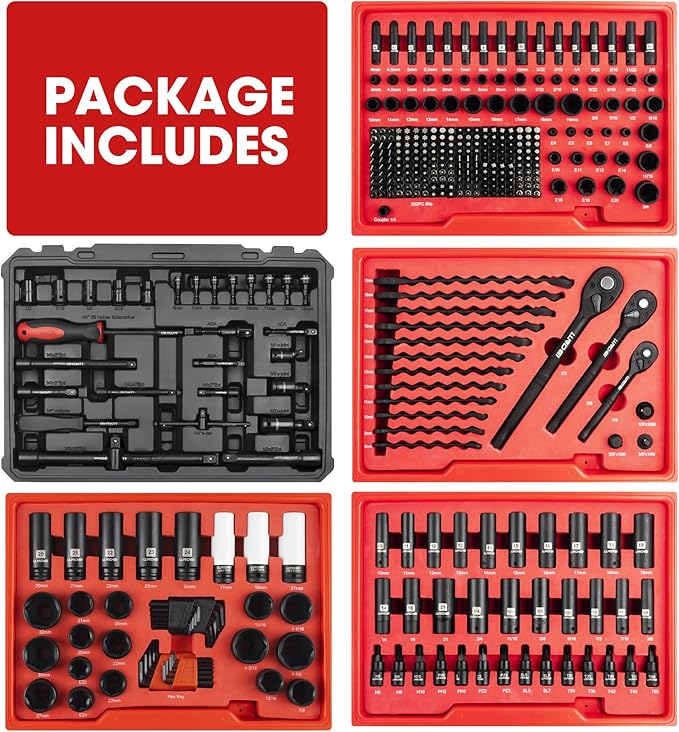 LLNDEI Mechanics Tool Set and Socket Set, 1/4" 3/8" 1/2" Drive Deep and Standard Sockets 12 Point, 390 Pcs SAE and Metric Mechanic Tool Kit with Bits, Combination Wrench