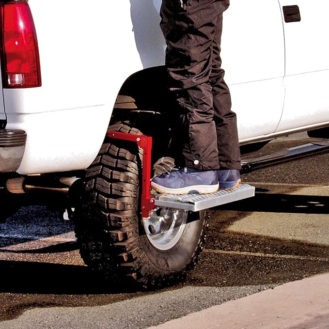 Powerbuilt Tire Step for Truck, SUV, Semi, Heavy Duty 300 lb. Capacity, Non-Slip ‘Cheese Grater’ Steel Surface, Adjusts to Fit Any Diameter Tire Up to 13 in. Wide, Folds Flat for Storage – 647596EC