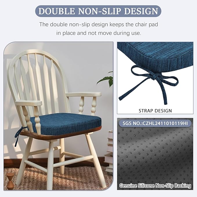 baibu Kitchen Chair Cushions Set of 6, Dual-Layer Patented Design Memory Foam Dining Chair Pads with Ties and Washable Cover, 6 Pack, 17" x 16" x 2", Blue