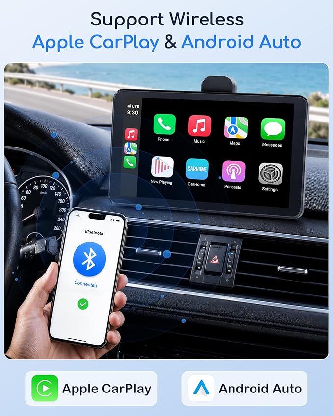 Plug & Play 7" Portable Wireless CarPlay Screen: Supports Apple CarPlay & Android Auto - 1080P Night Vision Backup Camera & 2.5K Dash Cam - Voice Control for Maps & Calls - Upgrade for Older Cars