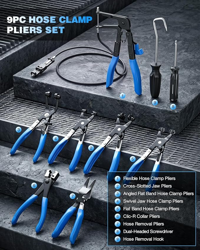 Saker Hose Clamp Pliers Set, Automotive Clamp Removal Tool Kit, Spring Clip Pliers, Flexible Cable Clamp Tool - 9PCS Heavy Duty Locking Kit for Car Engine Repair Tight Space Mechanic DIY