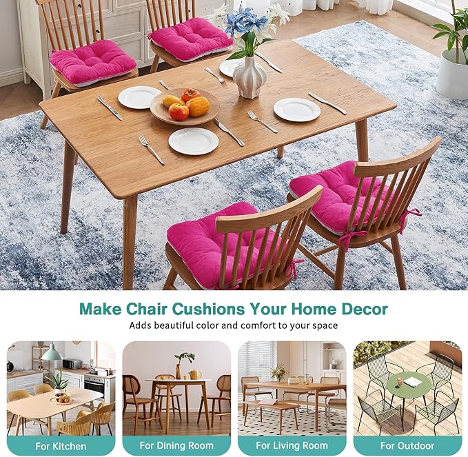 BETU Chair Cushions for Dining Chairs Set of 4,3.5" Thick Kitchen Table Chair Pads with Ties,Non Slip Backing and Covers, Seat Cushion for Dining Room,Bar,Patio Chairs,15.5"X15.5"X3.5",Hot Pink