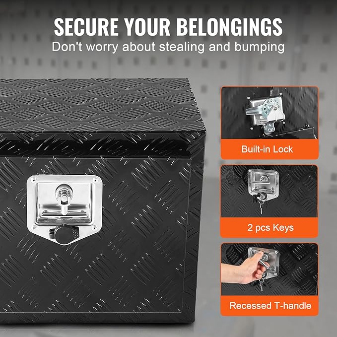 VEVOR Underbody Truck Box, 24" x 12" x 14" Pickup Storage Box, Heavy Duty Aluminum Diamond Plate Tool Box with Lock and Keys, Waterproof Trailer Storage Box with T-Handle Latch for Truck, Van, Trailer