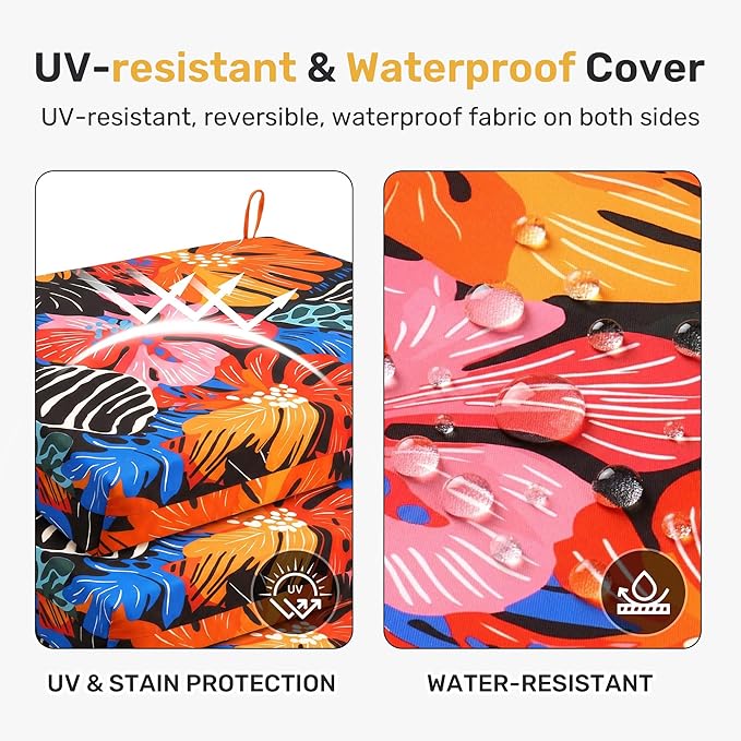 UNIKOME Outdoor Chair Cushions Pack of 4, Water Resistant Patio Cushions with Ties, High Density Sponge Filling Square Corner Seat Cushions for Outdoor Furniture, 24"*24"*4", Colored Flower
