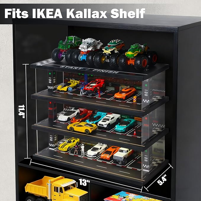 Display Case for Hot Wheels: Toy Car Garage with LED Lights, Freestanding Parking Garage Diorama for 1/64 Diecast Cars, 4-Level Storage Rack with 40 Spots – Cars Not Included