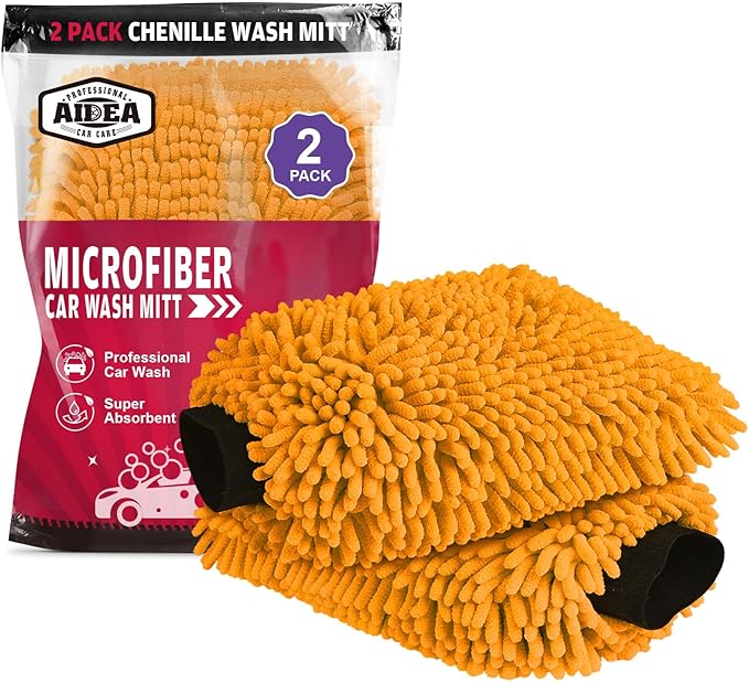 AIDEA Car Wash Mitt Microfiber, 2PK Scratch Free Lint-Free, Premium Chenille Microfiber Mitt Car Wash Brush, Orange, Extra Large Size 8''X12''