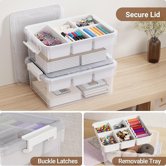 20Qt Stackable Storage Bin with Lid & Tray, Clear Plastic Latching Box Organizer with Divider Portable 5Gal Container for Arts & Crafts, Home and Car Trunk Organization, 1Pack
