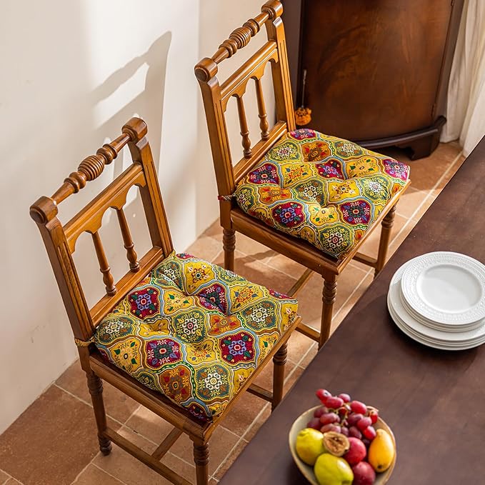 vctops Boho Geometric Chair Cushions with Ties U-Shaped Soft Cozy Cotton Linen Chair Pads Non Slip Seat Cushions for Indoor Dining Room and Kitchen Chairs (Yellow,16"x16")