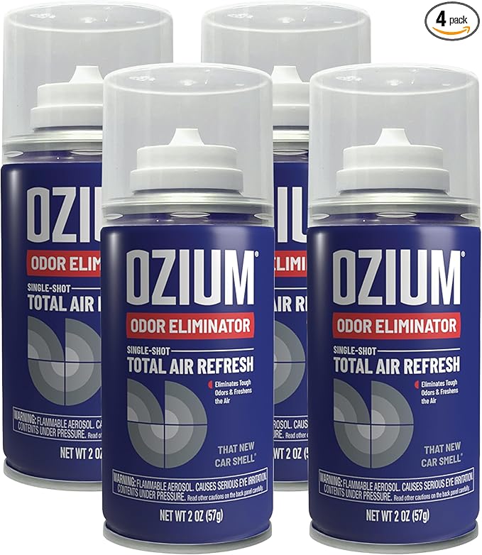 Ozium Air Sanitizer, 2 oz Car Fogger: Single-Shot Smoke Odor Eliminator & Car Air Freshener (New Car Smell, 4 Packs)