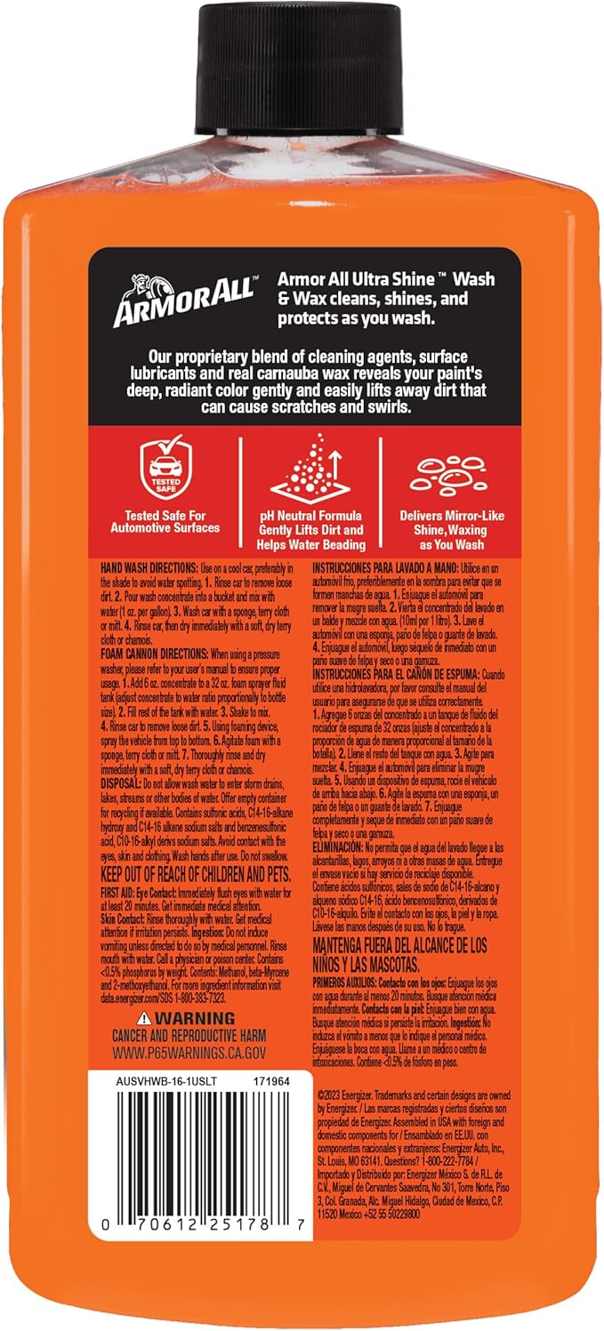 Armor All Ultra Shine Car Wash and Wax, 16 fl oz Bottle, Car Soap with Carnauba Wax for Hand Wash or Foam Cannon