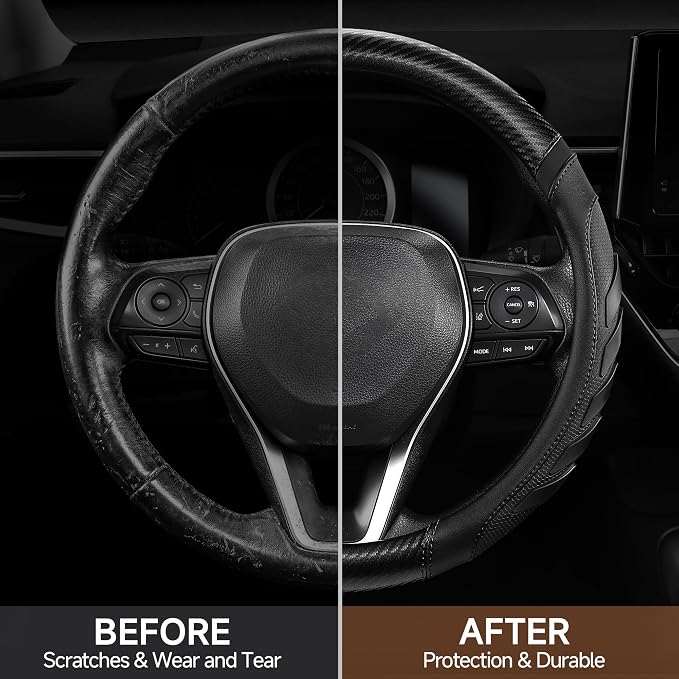 West Llama Carbon Fiber Leather Steering Wheel Cover with Anti-Slip Grip, 3D Textured Design, 14.5-15 Inch Car Steering Wheel Cover, Durable Interior Accessory（Standard Size-Black