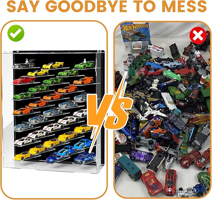 Acrylic Display & Storage Case for 1:64 Scale Diecast Cars - Wall Mountable/Tabletop 3D Showcase with LED Lights & Acrylic Dustproof Cover - Maximum 40 Toy Cars - Ideal Gifts for Collector （Black）