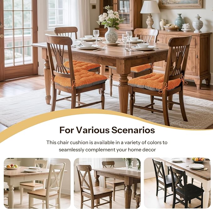 Non Slip Chair Cushions for Dining Chairs Set of 4 Kitchen Chair Cushions 18"x18"x3" Turfted Chair Pads Comfortable and Soft Seat Cushion with Ties, Orange