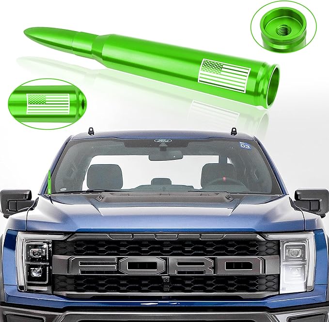 Car Bullet Antenna,Truck Exterior Decoration Accessories Car Vehicle Replacement Antenna Conpatible with Ford F150 RAM 1500 GMC Heavy Duty Pickup Trucks Accessories(New Upgrade Green-U.S. Flag)…