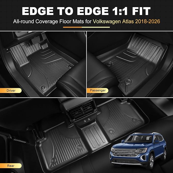 AOMSAZTO Floor Mats Compatible with 2018-2025 2026 Volkswagen Atlas (Not for Cross Sport) 7 Seats - VW Atlas TPE All Weather Protection Floor Mats & 2nd & 3rd Row Backrest Mat & Cargo Liner