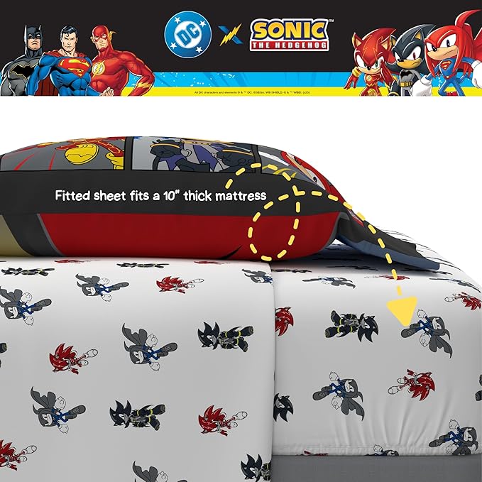DC x Sonic The Hedgehog Kids Bedding Set, Twin Size, 4-Piece Super Soft Cozy Reversible Comforter & Sheet Set (Officially Licensed Product) by Franco | Durable, Reversible, Officially Licensed