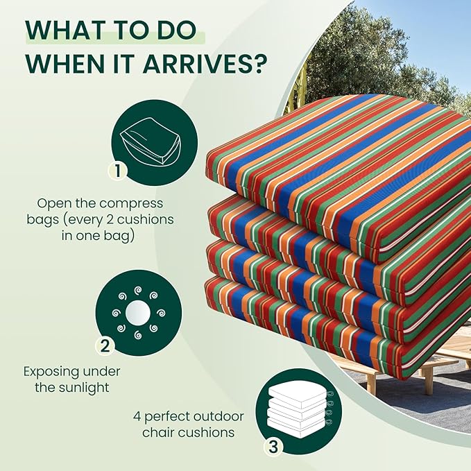 HARBOREST Outdoor Chair Cushions Set of 4, Water Resistant Patio Chair Cushions with Ties, Outdoor Seat Cushions for Patio Furniture, 17"x16"x2", Rainbow Stripes