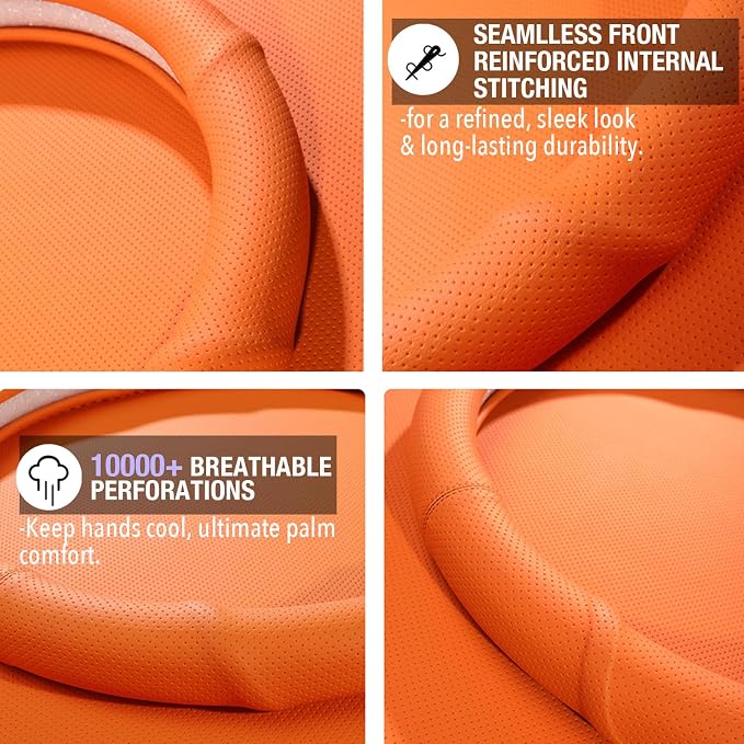 PINCTROT D Shaped Nappa Leather Steering Wheel Cover with Ergonomic Palm Support Grip, Full Perforated Breathable, Slim Fit No Bulk Design, Flat Bottom 14.5-15 Inch (Hot Orange)