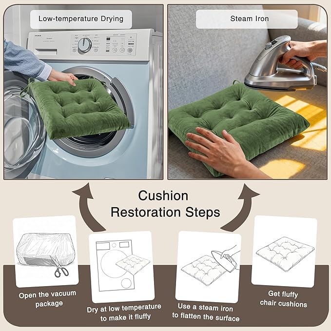 OVOV 4 Pack Chair Cushions for Dining Chairs Soft Seat Cushions for Kitchen Desk Chairs Square Chair Pads with Ties (15.5"x15.5" Green)