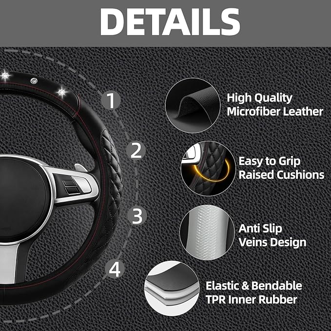 NBTEPEM 6 PCS Bling Car Accessories Set, Leather Steering Wheel Covers Universal 14.5-15 inch, Center Console Cover, Seat Belt Cushion, Cup Holder Coaster (Black)