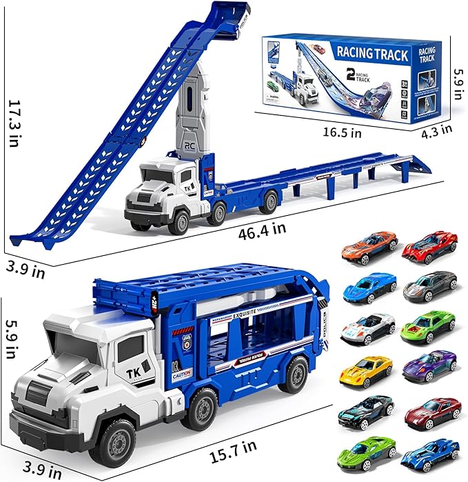 Transport Truck Toys for 3 4 5 6 7 Years Old Boys,Toys Cars Track Set Transporter Trucks with 12 Die-Cast Car Toys 2 Race catapults Dual-Track Model,Toddler Car Toy Set for Kids Boys Girls