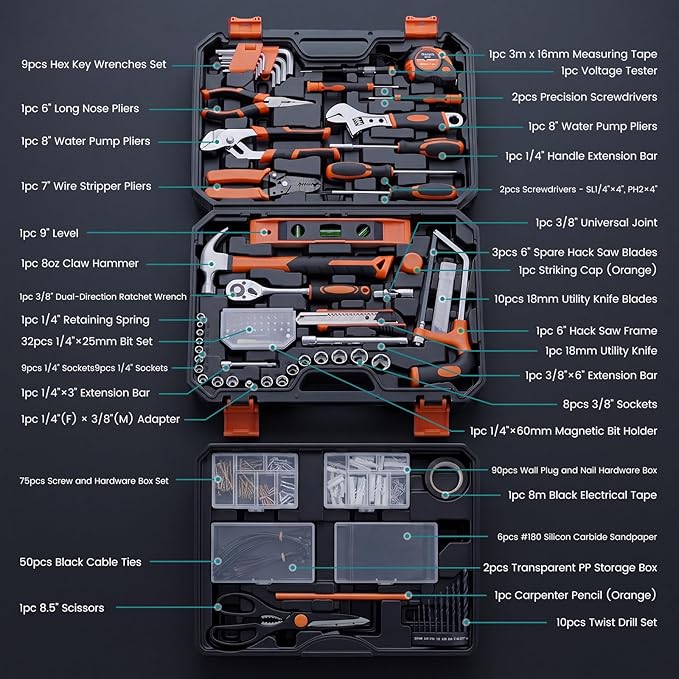 OLIXIS 330-Piece Home Repair Tool Kit with Pull-Out Drawer, Complete Homeowners Tool Kit for DIY & Auto Maintenance for Home, Carbon & Cr-V Steel Tool Box, Black-Yellow