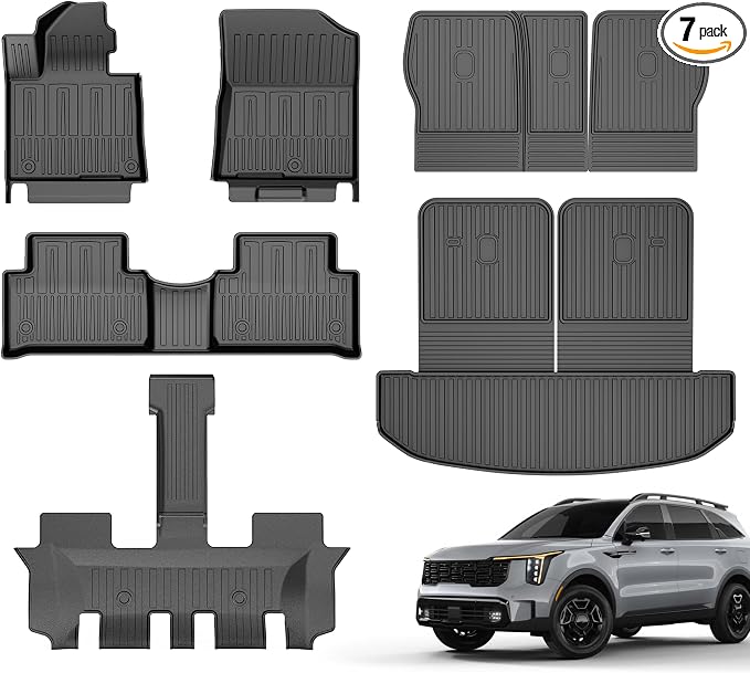 IKABEVEM Floor Mats for 2021-2025 2026 Kia Sorento 6/7 Seats (NO Hybrid) - Custom Fit TPE Floor Liners Cargo Liner Backrest Mat 2nd Row Kick Mats All Weather Protector Sorento Accessories