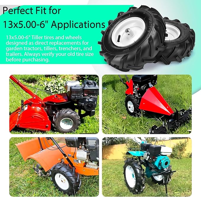 13x5.00-6" Tiller Tires and Wheels, (2-Pack 1" Axle Bore, 3-1/8" Centered Hub) 13x5.00-6" Tiller Tires Replacement for Craftsman & Troy-Bilt Garden Tractors, Tillers & Trenchers