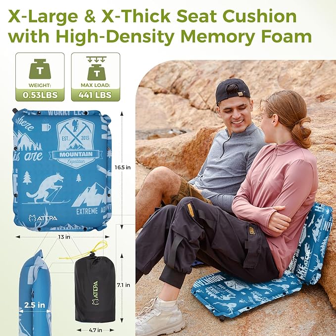 ATEPA Inflatable Seat Cushion, Compact Self-Inflating Seat Cushion for Stadium Airplane Air Travel Bleacher Camping, Blow Up Foam Seat Pad for Outdoor Sports Events Backpacking Hiking Sitting