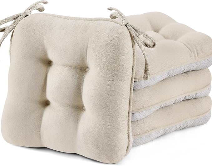 BETU Chair Cushions for Dining Chairs Set of 4,3.5" Thick Kitchen Table Chair Pads with Ties,Non Slip Backing and Covers, Seat Cushion for Dining Room,Bar,Patio Chairs,15.5"X15.5"X3.5",Beige
