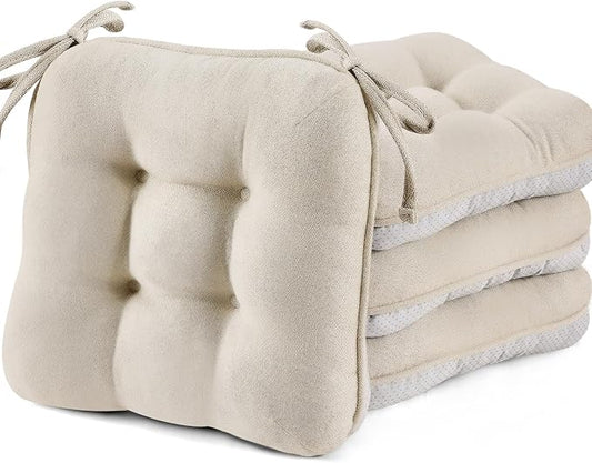 BETU Chair Cushions for Dining Chairs Set of 4,3.5" Thick Kitchen Table Chair Pads with Ties,Non Slip Backing and Covers, Seat Cushion for Dining Room,Bar,Patio Chairs,15.5"X15.5"X3.5",Beige