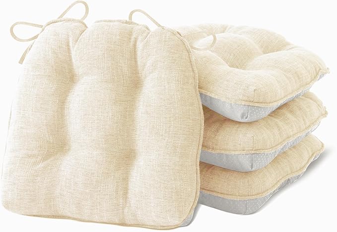 IPYNBAP Chair Cushions for Dining Chairs Set of 4, Kitchen Chair Cushions, Chair Pads with Ties and Non Slip Backing, Tufted Memory Foam Seat Cushion 4 Pack, 15.5" x 15.5" x 4", Cream