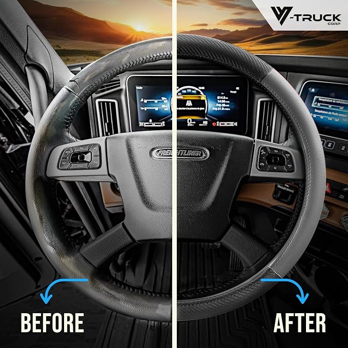 18-Inch Genuine Leather Steering Wheel Cover for Semi Trucks – Grey with Black Carbon Fiber Imitation, Heavy-Duty Non-Slip Grip, Universal Fit, Easy Installation